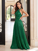 Sequin A Line Halter Sleeveless Long Evening Dresses with Pleated Floor Length Dresses