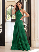 Sequin A Line Halter Sleeveless Long Evening Dresses with Pleated Floor Length Dresses
