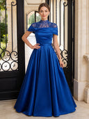 Satin A Line Evening Dresses with Beads Gigh Neck Floor Length Dresses
