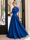 Satin A Line Evening Dresses with Beads Gigh Neck Floor Length Dresses