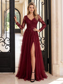 Tulle A Line Evening Dresses with Slit V Neck Long Sleeves Floor Length Dresses with Lace