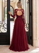 Tulle A Line Evening Dresses with Slit V Neck Long Sleeves Floor Length Dresses with Lace