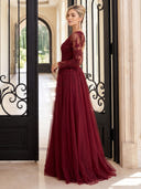 Tulle A Line Evening Dresses with Slit V Neck Long Sleeves Floor Length Dresses with Lace