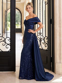 Sequin Evening Dresses Off Shoulder Mermaid Satin Floor Length Dresses Long Party Dress