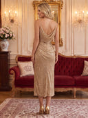 Sequin Evening Dresses with Slit Cowl Neck Mermaid Midi Length Cocktail Party Dresses