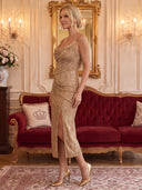 Sequin Evening Dresses with Slit Cowl Neck Mermaid Midi Length Cocktail Party Dresses