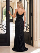 Sparkly Sequin Evening Dresses with Slit Mermaid Spaghetti Straps Floor Lengh Dresses with Pleats