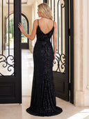 Sparkly Sequin Evening Dresses with Slit Mermaid Spaghetti Straps Floor Lengh Dresses with Pleats
