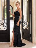 Sparkly Sequin Evening Dresses with Slit Mermaid Spaghetti Straps Floor Lengh Dresses with Pleats