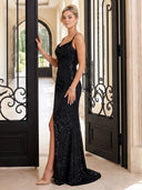 Sparkly Sequin Evening Dresses with Slit Mermaid Spaghetti Straps Floor Lengh Dresses with Pleats
