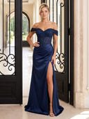 Sparkly Sequin Evening Dresses with Slit Satin Mermaid Off Shoulder Floor Lengh Dresses with Pleats