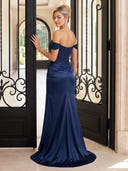 Sparkly Sequin Evening Dresses with Slit Satin Mermaid Off Shoulder Floor Lengh Dresses with Pleats