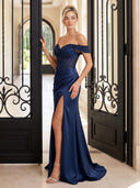 Sparkly Sequin Evening Dresses with Slit Satin Mermaid Off Shoulder Floor Lengh Dresses with Pleats