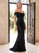 Sparkly Sequin Evening Dresses Mermaid Off Shoulder Floor Lengh Dresses with Pleats/Zipper Back