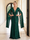 Sparkly Sequin Evening Dresses Mermaid V Neck Floor Lengh Dresses with Cape/Zipper Back