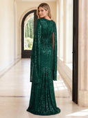Sparkly Sequin Evening Dresses Mermaid V Neck Floor Lengh Dresses with Cape/Zipper Back