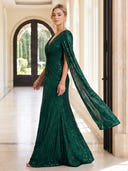 Sparkly Sequin Evening Dresses Mermaid V Neck Floor Lengh Dresses with Cape/Zipper Back