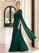 Sparkly Sequin Evening Dresses Mermaid V Neck Floor Lengh Dresses with Cape/Zipper Back