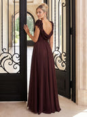 Chiffon Evening Dresses Crew Neck A LiNe Floor Lengh Dresses with Flower/Zipper Back