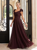 Chiffon Evening Dresses Crew Neck A LiNe Floor Lengh Dresses with Flower/Zipper Back