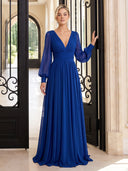 Chiffon Evening Dresses V Neck A Line Floor Lengh Dresses Long Sleeves/Zipper Back
