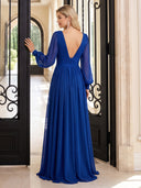 Chiffon Evening Dresses V Neck A Line Floor Lengh Dresses Long Sleeves/Zipper Back