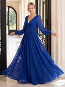 Chiffon Evening Dresses V Neck A Line Floor Lengh Dresses Long Sleeves/Zipper Back