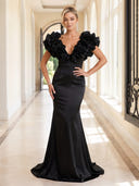 Satin Evening Dresses V Neck Mermaid Floor Lengh Formal Dresses with Flowers/Zipper Back