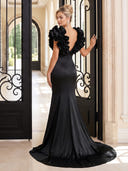 Satin Evening Dresses V Neck Mermaid Floor Lengh Formal Dresses with Flowers/Zipper Back