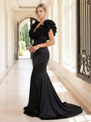 Satin Evening Dresses V Neck Mermaid Floor Lengh Formal Dresses with Flowers/Zipper Back