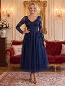 Tulle Evening Dresses V Neck A Line Midi Lengh Cocktail Party Dresses with Lace/Zipper Back