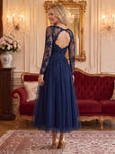 Tulle Evening Dresses V Neck A Line Midi Lengh Cocktail Party Dresses with Lace/Zipper Back