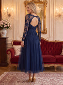 Tulle Evening Dresses V Neck A Line Midi Lengh Cocktail Party Dresses with Lace/Zipper Back