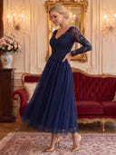 Tulle Evening Dresses V Neck A Line Midi Lengh Cocktail Party Dresses with Lace/Zipper Back
