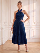 Sequin Satin Evening Dresses Halter A Line Midi Lengh Cocktail Party Dresses with Pleats/Zipper Back