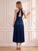 Sequin Satin Evening Dresses Halter A Line Midi Lengh Cocktail Party Dresses with Pleats/Zipper Back