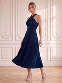 Sequin Satin Evening Dresses Halter A Line Midi Lengh Cocktail Party Dresses with Pleats/Zipper Back