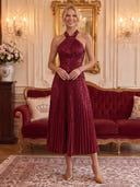 Sequin Satin Evening Dresses Halter A Line Midi Lengh Cocktail Party Dresses with Pleats/Zipper Back
