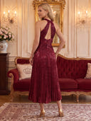 Sequin Satin Evening Dresses Halter A Line Midi Lengh Cocktail Party Dresses with Pleats/Zipper Back
