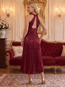 Sequin Satin Evening Dresses Halter A Line Midi Lengh Cocktail Party Dresses with Pleats/Zipper Back