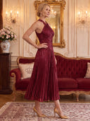 Sequin Satin Evening Dresses Halter A Line Midi Lengh Cocktail Party Dresses with Pleats/Zipper Back
