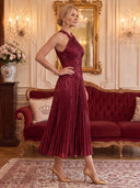 Sequin Satin Evening Dresses Halter A Line Midi Lengh Cocktail Party Dresses with Pleats/Zipper Back