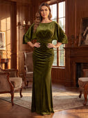 Velvet Evening Dresses Crew Neck Mermaid Floor Lengh Formal Dresses with Pleats/Zipper Back
