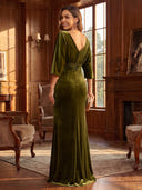 Velvet Evening Dresses Crew Neck Mermaid Floor Lengh Formal Dresses with Pleats/Zipper Back