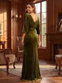 Velvet Evening Dresses Crew Neck Mermaid Floor Lengh Formal Dresses with Pleats/Zipper Back