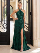 Sequin Evening Dresses with Slit Halter Mermaid Floor Lengh Formal Party Dresses with Pleats/Zipper Back
