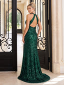 Sequin Evening Dresses with Slit Halter Mermaid Floor Lengh Formal Party Dresses with Pleats/Zipper Back