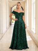 Sequin Evening Dresses Off Shoulder A Line Floor Lengh Party Dresses with Pleats/Zipper Back
