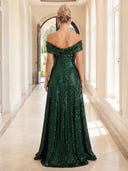 Sequin Evening Dresses Off Shoulder A Line Floor Lengh Party Dresses with Pleats/Zipper Back