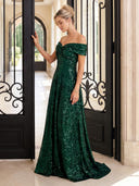 Sequin Evening Dresses Off Shoulder A Line Floor Lengh Party Dresses with Pleats/Zipper Back